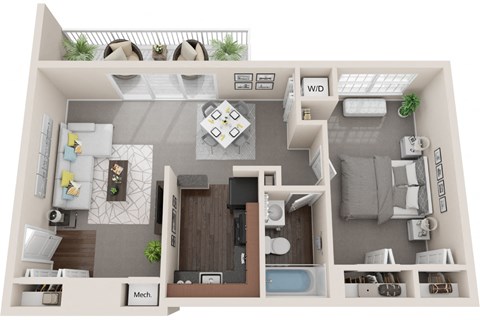 Floor plan for 1 bed, 1 bath, 673 sqft